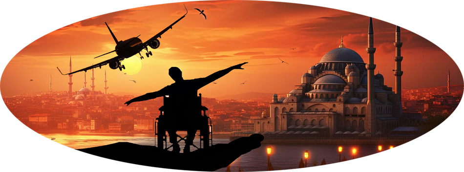 Viajante em cadeira de rodas diante do horizonte de Istambul