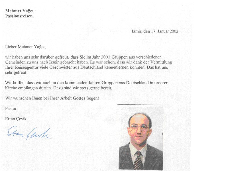 Dankbrief von Pastor Ertan Çevik, Baptistengemeinde Buca, Izmir, 17. Januar 2002